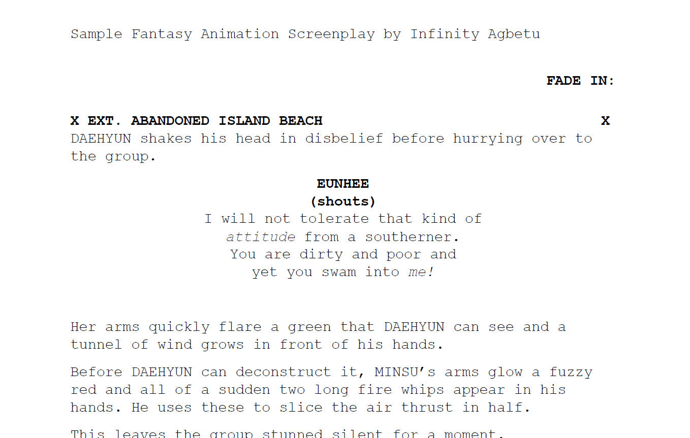 Sample Fantasy Animation Screenplay by Infinity Agbetu
