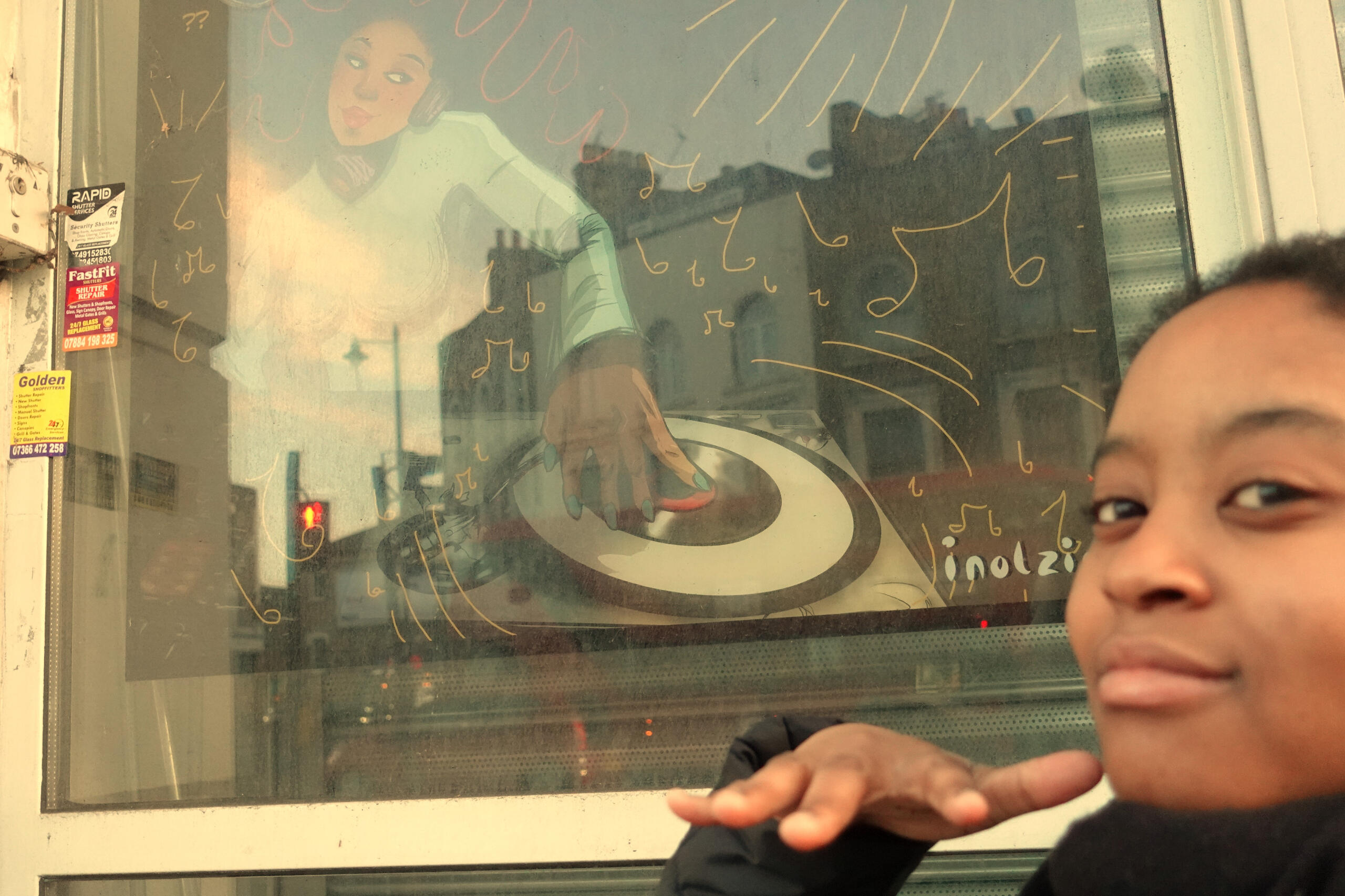 'Wanna DJ?' - Art by Infinity Agbetu, published as a window decal.